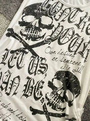 BXOXO Vintage Waist Cinching Slim Fit Punk Rock Short Sleeve Tees American Streetwear 2000S Y2K Black Skull Bone Print T-Shirts