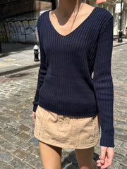 Bxoxo Vintage Navy Knitted Sweaters Women 2023 Autumn Sweet V Neck Long Sleeve Slim Y2k Tops Ladies Harajuku Cute Cotton Pull Sweater