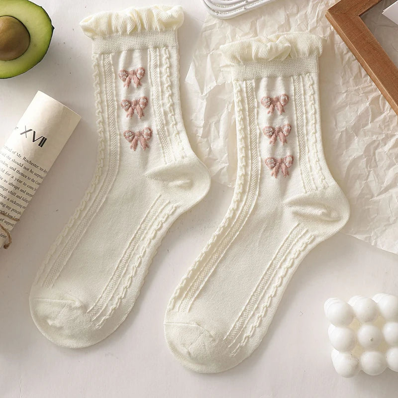 BXOXO Simple White Socks Versatile Lovely Bowknot Small Flowers Women's Medium Tube Socks kawaii Harajuku jk Lolita Girls Cotton Socks