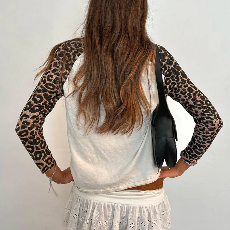 Bxoxo Retro Leopard Print T-shirts Women Casual Autumn Long Sleeve Knitted Cropped Tops y2k Vintage Tees Aesthetic Ladies Basic