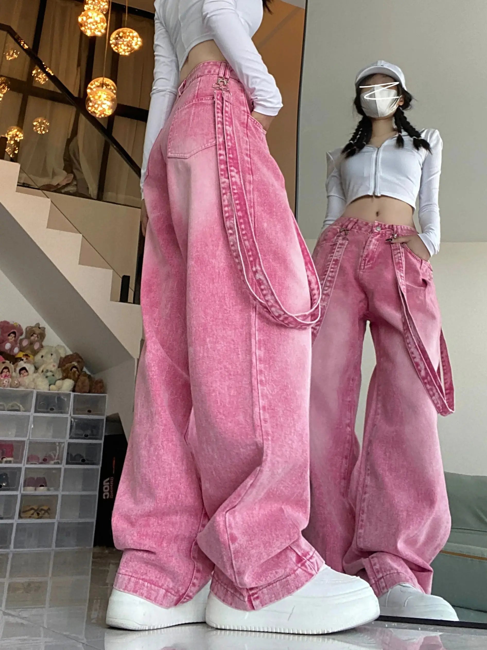 BXOXO Women's Pink Dopamine Cargo Pants Shoulder Straps High Waist Chic Jeans Harajuku Street Wide Leg Denim Trousers Spring Autumn