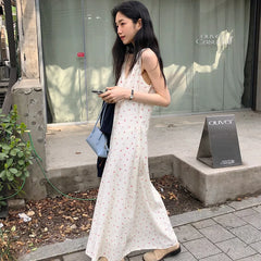 Bxoxo Romantic Floral Print V-Ne Svel Long Dr Chic Sweet Sle Loose Waist Design Polyester Fiber A-Line Silhouette