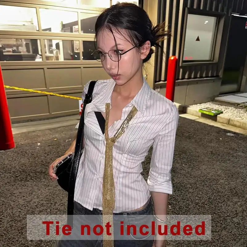 BXOXO Korean Fashion Shirt Women Striped Three Quarter Slim Shirt Y2k Vintage Tops Streetwear Japanese 2000s Retro Shirts