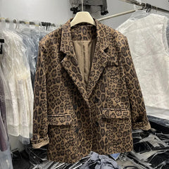 Bxoxo Fashion Leopard Print Blazer Women Autumn Loose Streetwear Double Breasted Casual Coat Korean Elegant Office Lady Suit Outerwear