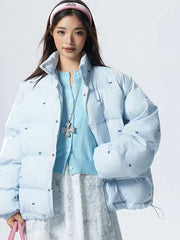 Bxoxo Blue Striped Crop Parkas for Women Y2K Sweet Butterfly Loose Cotton Warm Jacket Winter Fashion Preppy All Match Bread Outwear