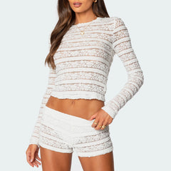 BXOXO Women Y2K Floral Lace Shorts Set 2 Piece Sheer Outfits Long Sleeve Semi See Through Top Bodycon Shorts Matching Set