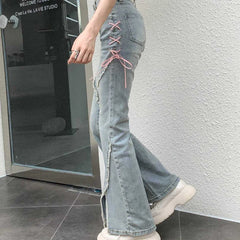 BXOXO American Split Jeans Women Pink Bandage High Waist Irregular Spliced Denim Pants Zipper Fly Trousers Y2k Pantalon Femme