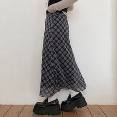 Bxoxo Preppy Style Plaid Print Mesh Skirt Casual All-match Loose A-line Long Skirts for Women Summer Retro Skirt Korean Fashion