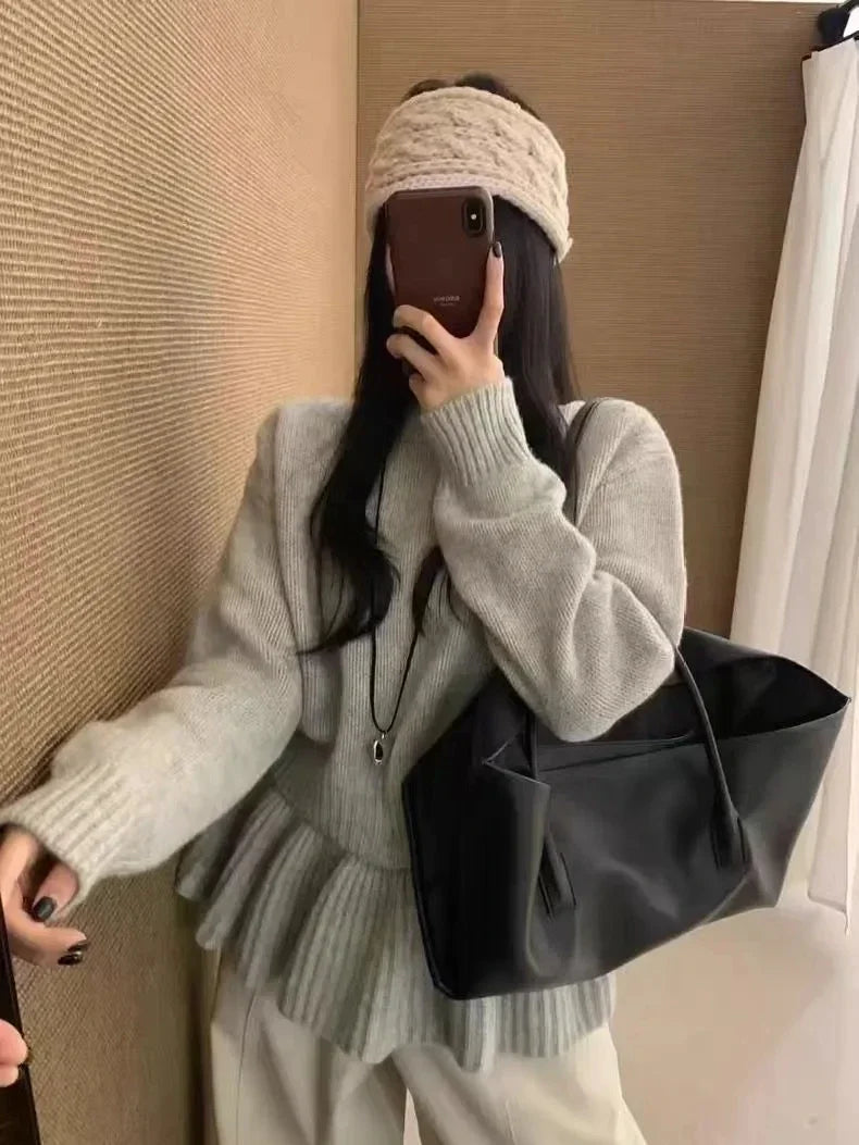 Bxoxo Ruffles Patchwork Knitted Sweater Women Autumn Japanese Button Splicing Casual Pullover Female Solid Simpl All Match Knit Jumper