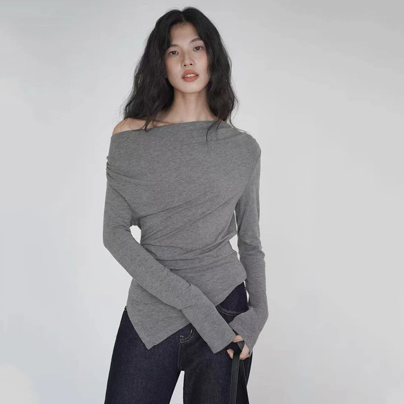 Bxoxo Sexy Slash Neck T Shirt Women Autumn Fashion Irregular Slim Long Sleeve Tops Y2K Korean Chic Folds All Match Female Tees New