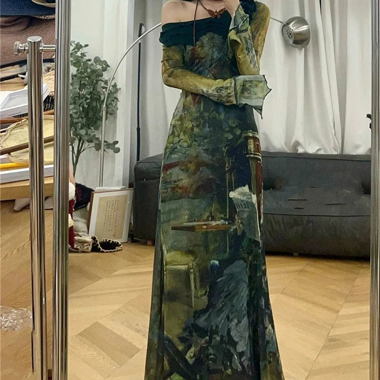 BXOXO Elegant Vintage Green Print Dresses Y2k Skew Collar Long Sleeve Dress for Women Spring New Slim Fit Bodycon Vestidos Mujer