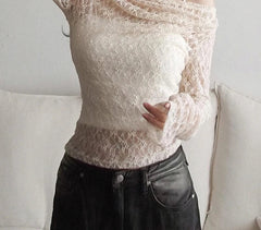 BXOXO Transparent Lace Crop Top Asymmetrical Off-shoulder Long Sleeve Smock T-shirts Women Summer Casual Tees y2k Vintage Tees
