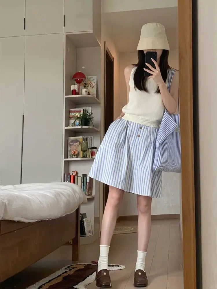 BXOXO Striped Skirts Women High Waist Summer 2025 New Fashion Sweet Button Preppy Style A Line Skirt Female Elegant Casual
