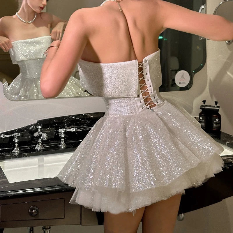 BXOXO Elegant Glitter Hight Waist Solid Party Dress Fashion Backless Slim Evening Dress Sexy Strapless Sleeveless Bodycon Mini Dresses