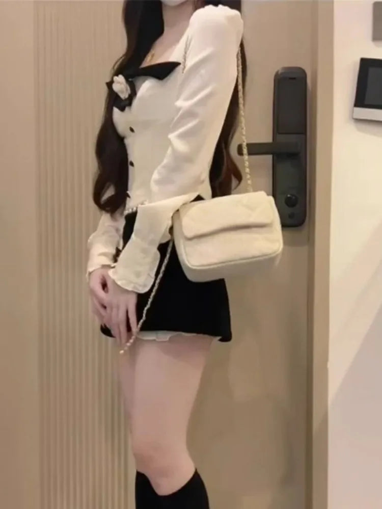 BXOXO Elegant Sweet Square Collar Bow Long Sleeve Tops Women+ Y2k E-Girl High Waist Bodycon 2025 Spring New Skirts Two Piece Sets