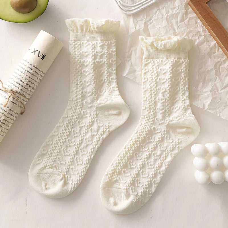 BXOXO Simple White Socks Versatile Lovely Bowknot Small Flowers Women's Medium Tube Socks kawaii Harajuku jk Lolita Girls Cotton Socks