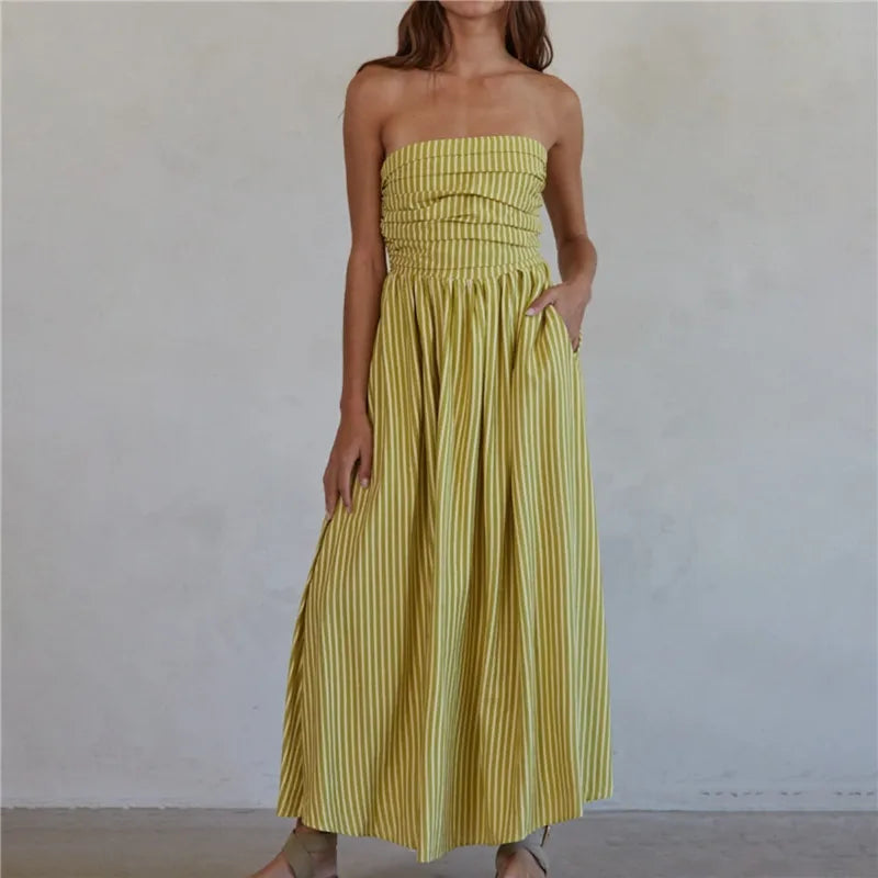 BXOXO Women Striped Strapless Maxi Dress Flowy Smocked Backless Tube Long Dress Swing Casual Summer Sundress with Pockets