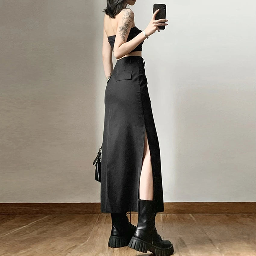 Bxoxo Goth Dark Elegant Mall Gothic Trumpet Women Midi Skirts Grunge High Waist Split Sexy Club Long Skirt Slim Party Streetwear
