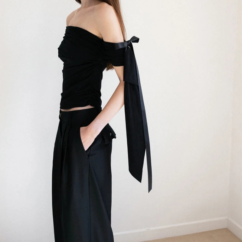 Bxoxo Solid Sexy Off Shoulder Casual Slash Neck Bow Pleated Slim Fit Crop Tops Y2K Spring Summer New Daily Cute Fashion Vest