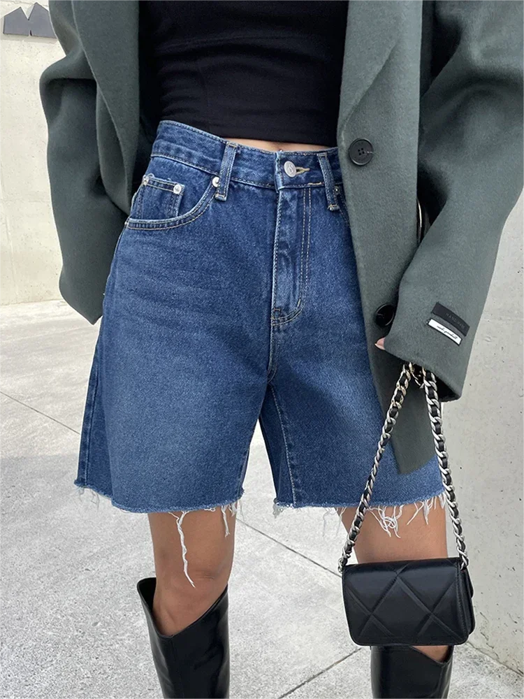 Bxoxo Summer Blue Ragged Edge Retro Versatile Denim Shorts Women's New Korean Fashion High Waist Straight Simple Women's Short Jeans