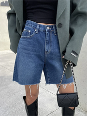 Bxoxo Summer Blue Ragged Edge Retro Versatile Denim Shorts Women's New Korean Fashion High Waist Straight Simple Women's Short Jeans