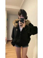 BXOXO Black Zip Up Hoodies Women Vintage Preppy Style Faux Fur Coat Korean Oversized Casual Sweatshirt Harajuku Autumn Winter