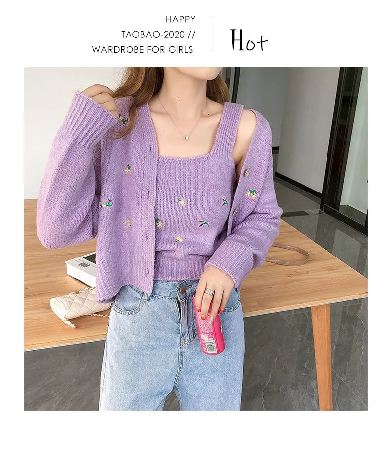 Bxoxo Two-piece Top Suit Flower Embroidered Knitted Korean Style Cardigan Autumn Fashion Sling Sweater Slim Sweet Jacket Sets