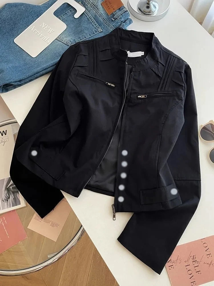 Bxoxo Black Stand Collar Crop Jacket Women Y2K Korean Loose Streetwear Zipper Casual Coats Female Fashion Autumn All Match Outerwear