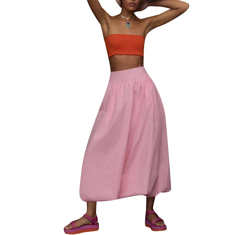 Bxoxo Skirts y2k Women Summer Elegant Solid Color High Waist Loose Fitting Long Bubble Skirt Office Ladies Skirts Streetwear