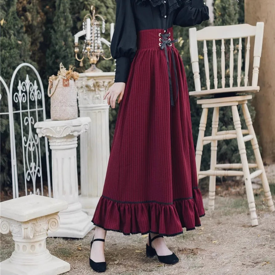 BXOXO Vintage Gothic Two Piece Dress Sets Women Black Lace Ruffle Blouse + Lace-up Midi Skirt Winter Court Retro Casual Suits Y2k
