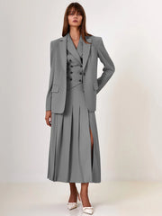 BXOXO  Autumn Two Piece Sets Women Double-breasted Vest And Split Skirt Matching Sets Fashion Long Pleated Skirt Two Piece Set
