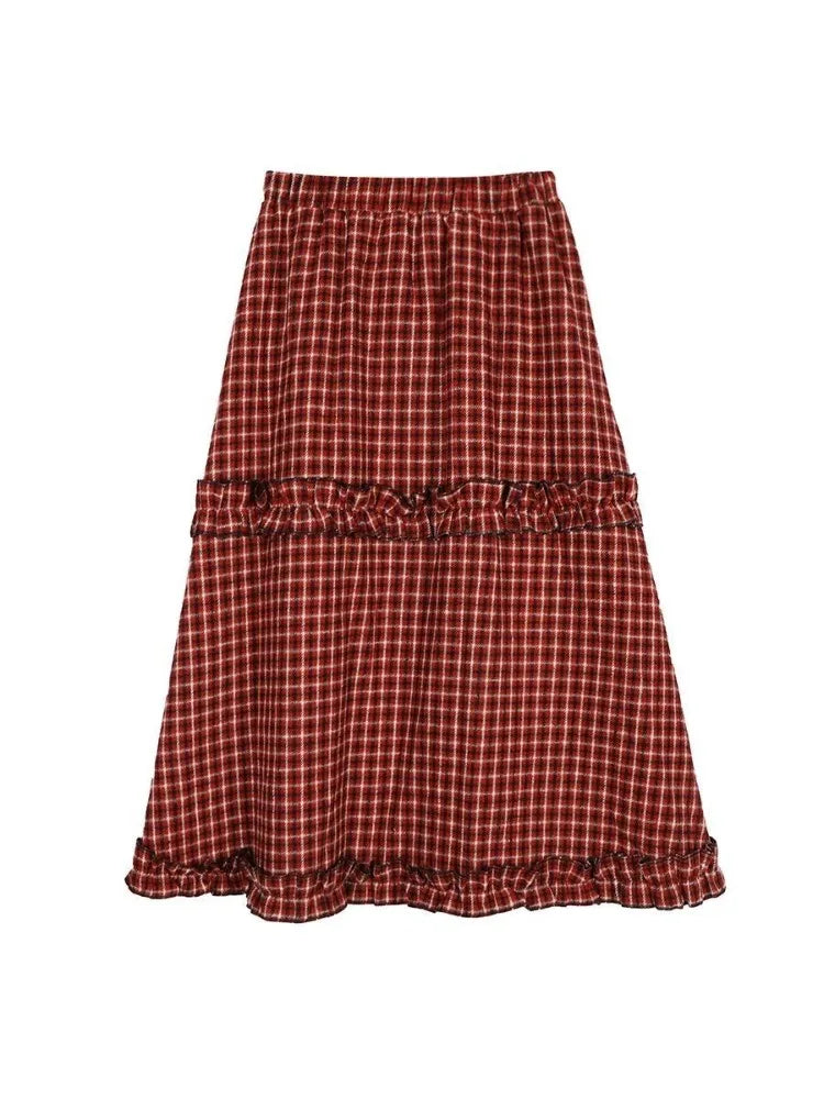 BXOXO Women Skirts Plaid Patchwork Ruffles Vintage Summer Fashion Stretch High Waist Elegant Sweet Long Skirt Female Casual