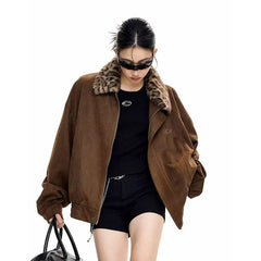 Bxoxo Vintage Leopard Patchwork Jacket Women Autumn Winter Harajuku Splicing Lapel Warm Coats Y2K Streetwear Loose Casual Outerwear