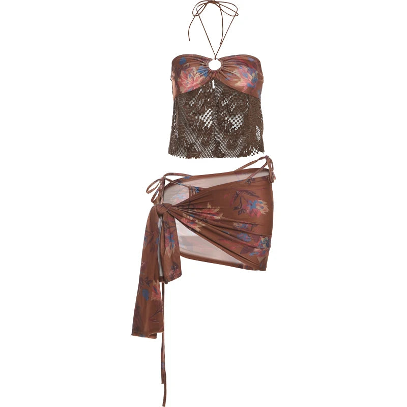 BXOXO Fashion 3 Piece Set Women Flower Print Mesh Patchwork Camisole+Lace-up Briefs+Ruched Knot Skirts Beach Style Outfits