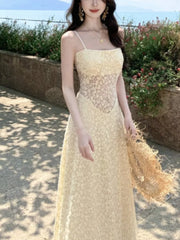 Bxoxo Women's Sexy Hollow Lace Dresses 2025 Summer Elegant French Sling Floral A-Line Full Skirt Long Dress Fashion Holiday Vacation