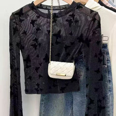Bxoxo Sexy Mesh See Through Crop T Shirt Women Korean Butterfly Embroidery Lace Bottoming Tops Y2K Fashion Bell Sleeves Black Tees
