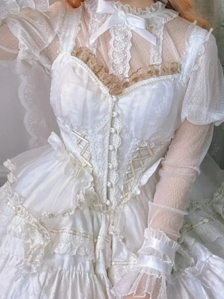 BXOXO Lolita See Through Sweet Women Shirts Lace Embroidery Harajuku Blouse Fairy Long Puff Sleeve Sweet Y2k Aesthetic Blusas De Mujer