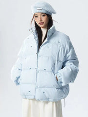 Bxoxo Blue Striped Crop Parkas for Women Y2K Sweet Butterfly Loose Cotton Warm Jacket Winter Fashion Preppy All Match Bread Outwear