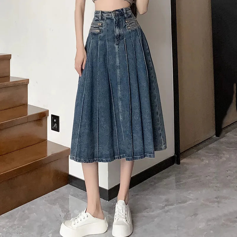 BXOXO Elegant Denim Pleated Skirt Ladies Women High Waist Harajuku Korean Style A-line Long Skirt For School Girl Casual Faldas