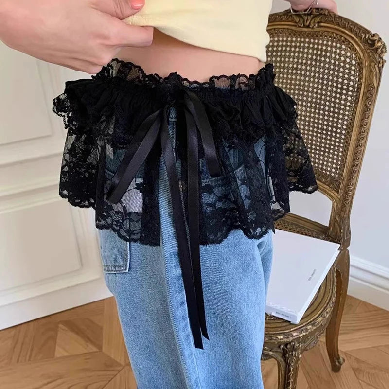 Bxoxo Korean Style Lace Mini Skirts Women Elegant Sweet Lolita Short Skirts Y2K High Waist Streetwear Solid Lace Up Ruffle Skirts