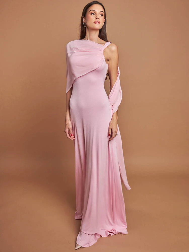 BXOXO Pink Cape Sleeve Sexy Maxi Dress For Women Off-shoulder Backless Gown Elegant Skew Collar Lace-up Long Dress Vestido