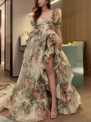 Bxoxo Summer Even Floral Dress Women Casual Short Sleeve Long Dress Office Lady Birthday Party Formal Dress Korean Holiday Chic