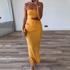 BXOXO Long Dress Summer Women Fashion Sleeveless Strapless Tube Backless Nipped Waist Cut Out Slit Slim Party Bodycon Dresses