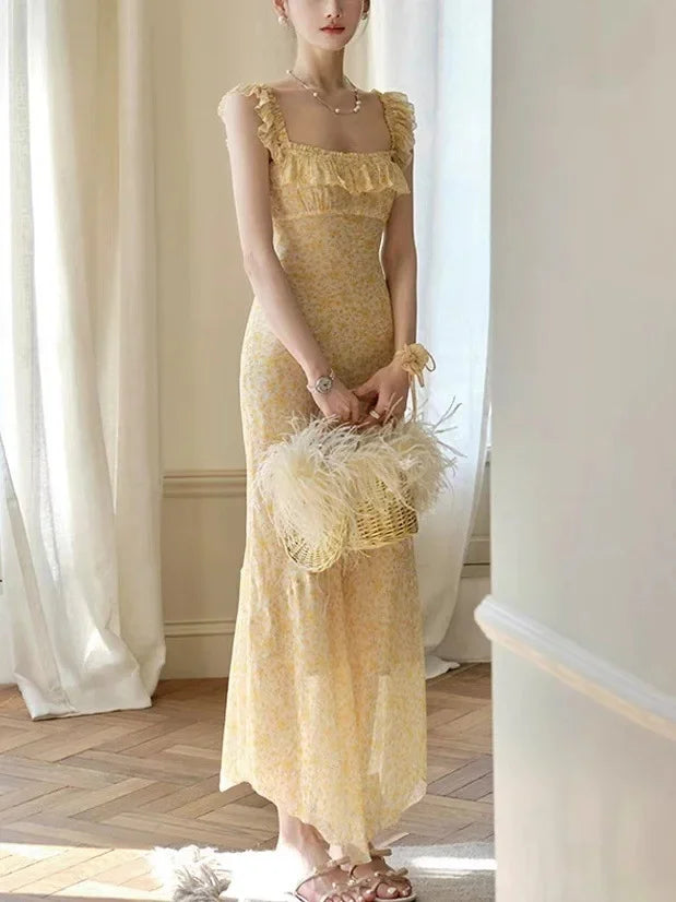 Bxoxo Mid-Summer High-Definition Printed Maxi Dress Sleeveless Polo Collar Empire Waist A- Line Gown for Women Chinese Brand