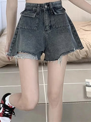 BXOXO Ins Lady High Waist Denim Wide Leg Shorts Girls Trashy Y2k 2000s Short Ripped Pants Female Blue Korean Loose Hot Jeans Plus Size