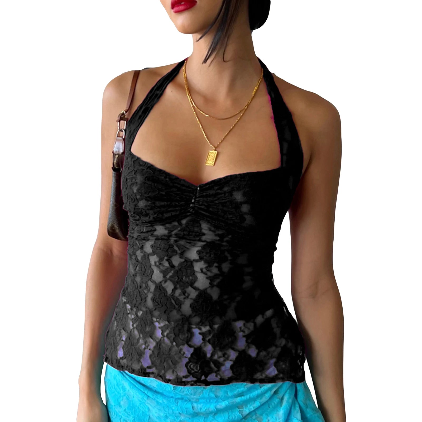 BXOXO Sexy Halter Lace See Through Crop Top for Women Summer Backless Party Club Vest Tank Top Y2K Fashion Basic T-Shirt