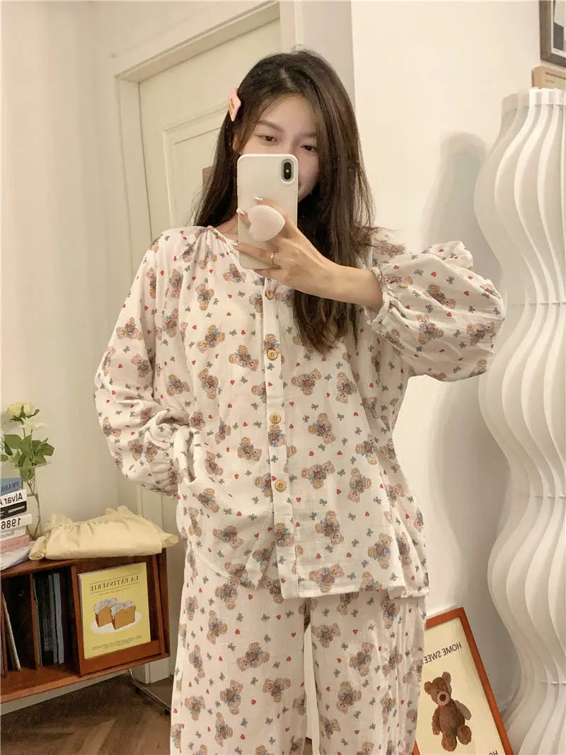 Bxoxo Women's Sweet Cute Pajamas Set Female Korean Style Home Clothing Girl Bear Foral Print Sleepwear Long Sleeve Pant Nightwear 2XL
