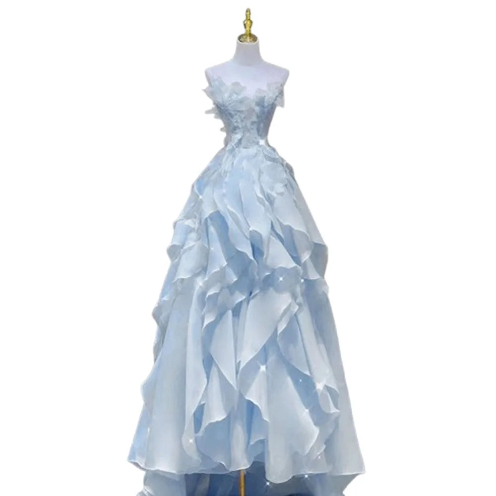 BXOXO Blue Evening Dress Women Luxury Elegant Ruffles Fairy Birthday Prom Gown Exquisite Sleeveless Bride Banquet High-end Host Dress