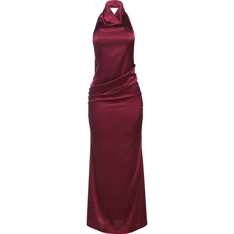 BXOXO Backless Dress Women Halter Swing Collar Sleeveless Skinny Stretch Robe Midnight Sexy Prom Party Elegant Long Bodycon