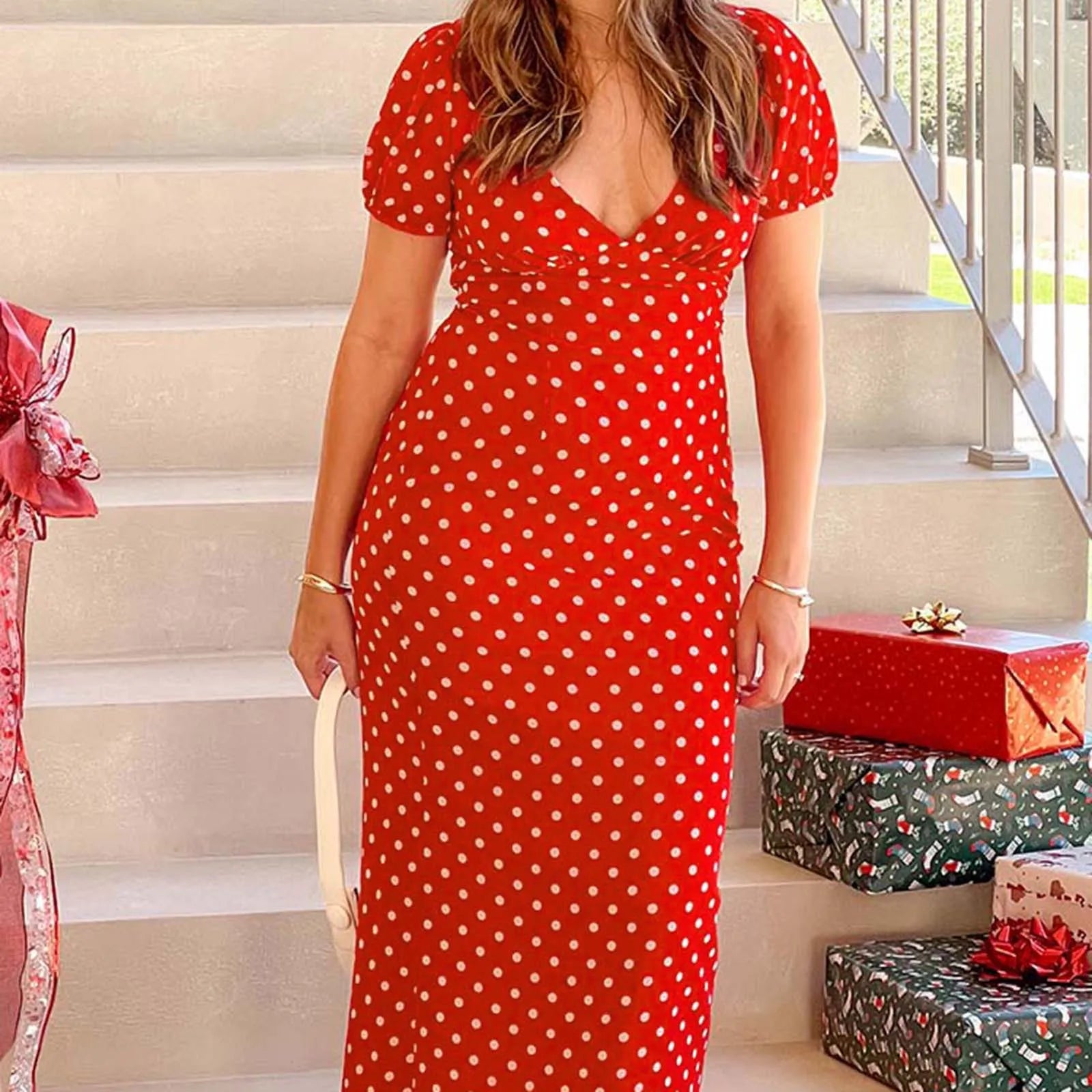 BXOXO Women Summer Slim Long Dress Fashion Red Short Sleeve Deep V Neck Dot Print Party Dresses Holiday Beachwear